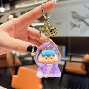 Cute oil-filled quicksand cartoon character keychain bag pendant, clear acrylic and gold metal.