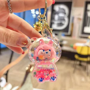 Adorable cartoon KIKI bear liquid glitter keychain transparent student bag pendant accessory