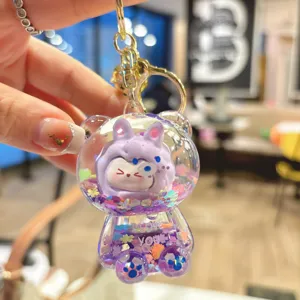 Cute cartoon liquid glitter bear keychain bag pendant trendy charm for women and girls