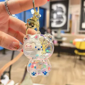 Transparent quicksand bear keychain with cute cartoon doll and glitter inside, metal ring.