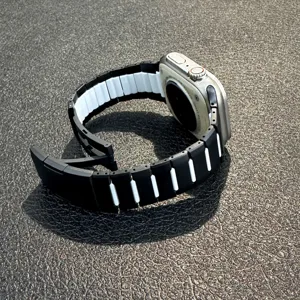 Dual color stainless steel watch band compatible with Apple Watch ultra, black white links.