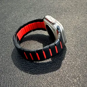 Stainless steel silicone watch band with dual-color curved segmented design for smartwatches.