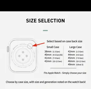 Size selection guide chart for Apple Watch straps, covering sizes from 38mm to 49mm models.