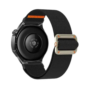 Close-up van de zwarte elastische nylon smartwatch vervangende band met metalen gesp achterkant.