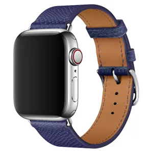Replacement PU leather strap for Apple Watch, textured purple design with silver buckle.