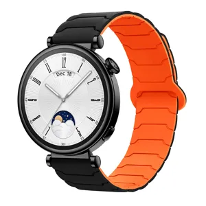 Silicone magnetic replacement watch strap for smart watch, durable black and orange sport band.