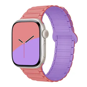 Silicone magnetic watch band replacement strap compatible with Apple Watch, pink and purple.