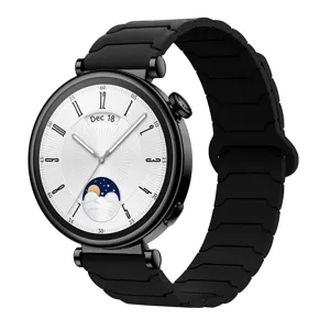 Smartwatch with black silicone magnetic strap and round dial detail view for daily wear