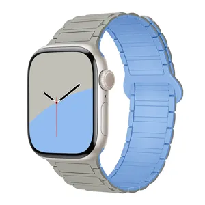 Replacement silicone magnetic watch band compatible with Apple Watch, grey and blue strap.