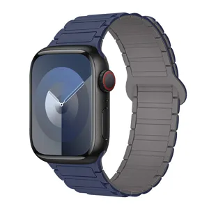 Close-up of blue magnetic silicone watch band, dual-color design, flexible and durable fit detail.