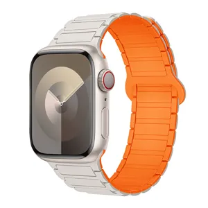 Silicone magnetic watch strap detail, orange and white segmented design close up view