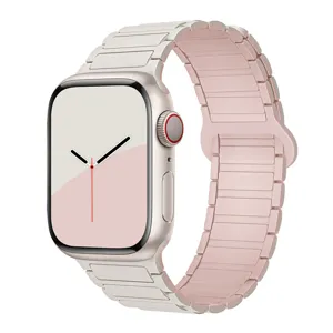Silicone magnetic watch band replacement compatible with smartwatches stylish pink and white design