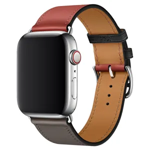 Detail view of the colorful leather watch strap buckle and connector fitting nicely.