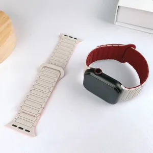 Silicone magnetic watch band compatible with Apple Watch, beige and red dual-color replacement strap.