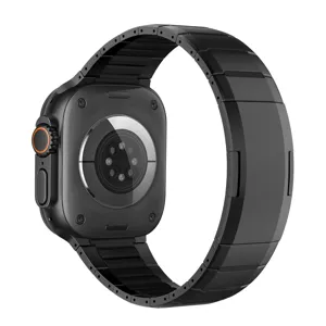Stainless steel metal watch band compatible with Apple Watch Ultra, black curved link bracelet.