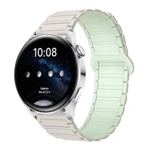 Vista dettagliata del cinturino per orologio in silicone magnetico bicolore beige e verde.