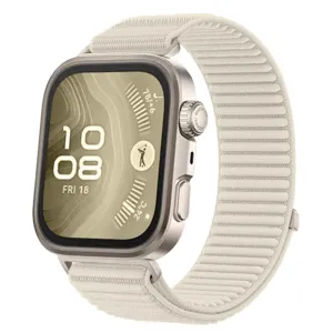 Detail van geweven smartwatch vervangingsband, ademende nylon alpine loop band, metalen kast.