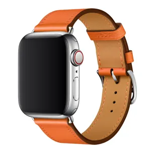 Orange leather watch band detail, premium microfiber PU material, elegant contrast stitching.