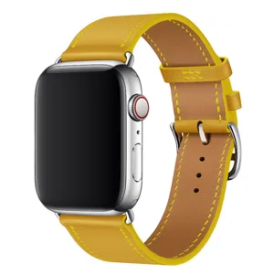 Yellow PU leather watch strap detail, metal buckle, soft texture, compatible design.