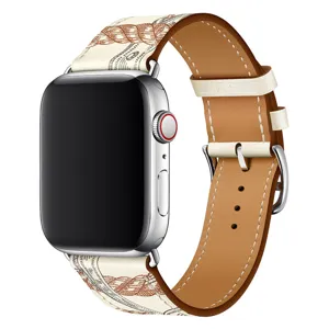 Detailed view of the leather watch band with unique banknote pattern and white contrast stitching.