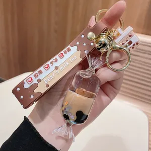 Süßer flüssiger Treibsand Milchtee Schlüsselanhänger Acryl Bonbon Flasche Taschen Anhänger.