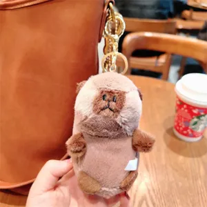 Detailed view of the cute capybara plush keychain, showing soft texture and metal ring.