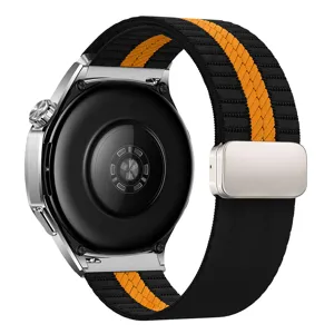 Detailed view of 22mm striped nylon braided watch strap with metal folding magnetic clasp