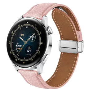 Correa de reloj de cuero rosa con motivo litchi y hebilla magnetica metalica para smartwatch.