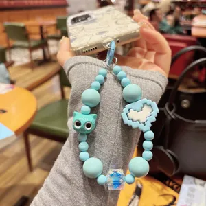 Blue Beaded Phone Charm Cute Cat Pendant Pixel Heart Wrist Strap Cell Phone Lanyard Accessories