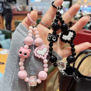 Beaded phone charm cute cat pendant pink and black cute keychain aesthetic accessories cute bag charm