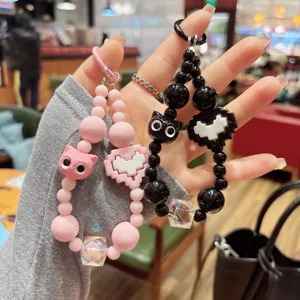 Cute Acrylic Beaded Phone Charm Cartoon Cat Head Pixel Heart Bag Keychain Pendant Candy Color Wrist Strap Lanyard Handmade Ornaments For Women Girl Gift