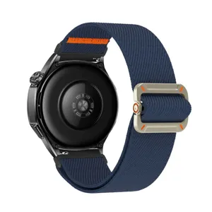 Gedetailleerd overzicht van de blauwe elastische nylon horlogeband met metalen gesp, comfort.