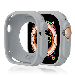 Silicone protective bumper case detail for Apple Watch, grey half-wrap protective cover.
