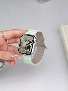 Mint green silicone woven watch band detail view showcasing comfortable loop design.