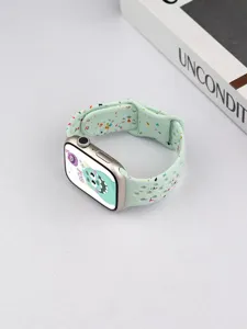 Mint green silicone watch strap with colorful speckles, compatible with Apple Watch series.