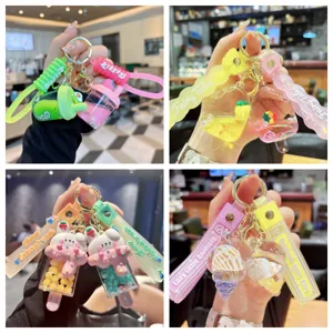 Cute Acrylic Liquid Quicksand Keychain Cartoon Animal Fruit Milk Tea Cup Bag Charm Colorful Pendant Gift Keyring For Women