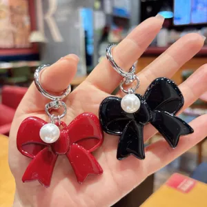 Cute Acrylic Bowknot Keychain With Artificial Pearl Metal Clasp Sweet Charm For Phone Earphone Case Bag Decorative Pendant