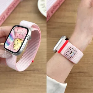 Pink nylon loop watch band with cute embroidery patch, compatible with Apple Watch.