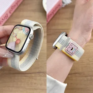 Nylon loop watch band compatible with Apple Watch, comfortable woven strap with cute patch.