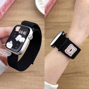 Nylon loop watch strap compatible with Apple Watch, soft velcro sport band with cute patch.