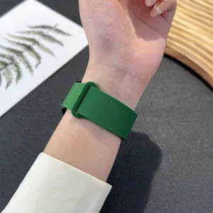 Green silicone magnetic watch strap detail, soft and durable replacement watch band.