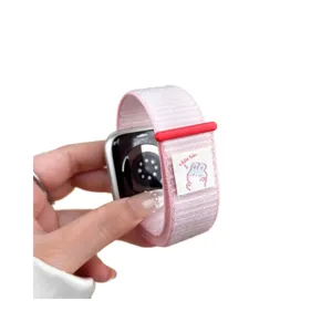 Pink nylon loop Apple Watch band with red buckle and cute rabbit woven label for smart watches.