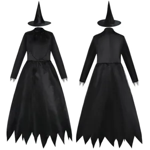 Women Halloween Witch Vampire Cosplay Costume Long Sleeve Irregular Hem Black Dress With Pointed Wizard Hat