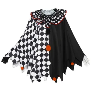 Halloween noir blanc bouffon cape vue détaillée, costume de clown effrayant pour scène.