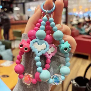Pink blue beaded phone charm cute cat heart mobile chain wrist strap keychain accessory