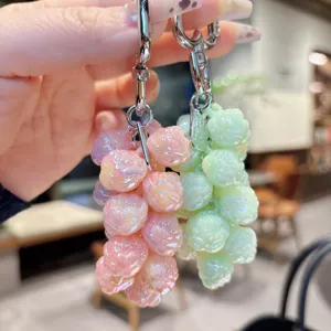 Colorful resin rose grape bunch keychain charm with metal clip, stylish bag pendant.