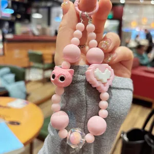 Pink beaded phone charm cute cat heart wrist strap aesthetic keychain cute bag accessory
