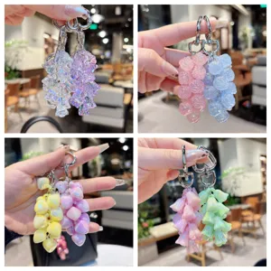 Cute Acrylic Flower Grape Pineapple Heart Keychain Gradient Colorful Bead Bag Charm Metal Clasp Pendant Accessory For Girls Gift Keyring
