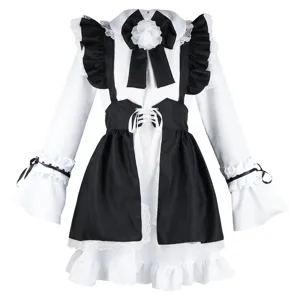 Grazioso set di costumi da cosplay da cameriera Lolita giapponese con dettagli in pizzo e fiocchi.