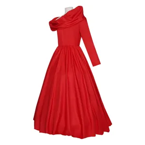 Elegant red long sleeve evening gown, vintage cowl neck cosplay costume for stage performances.